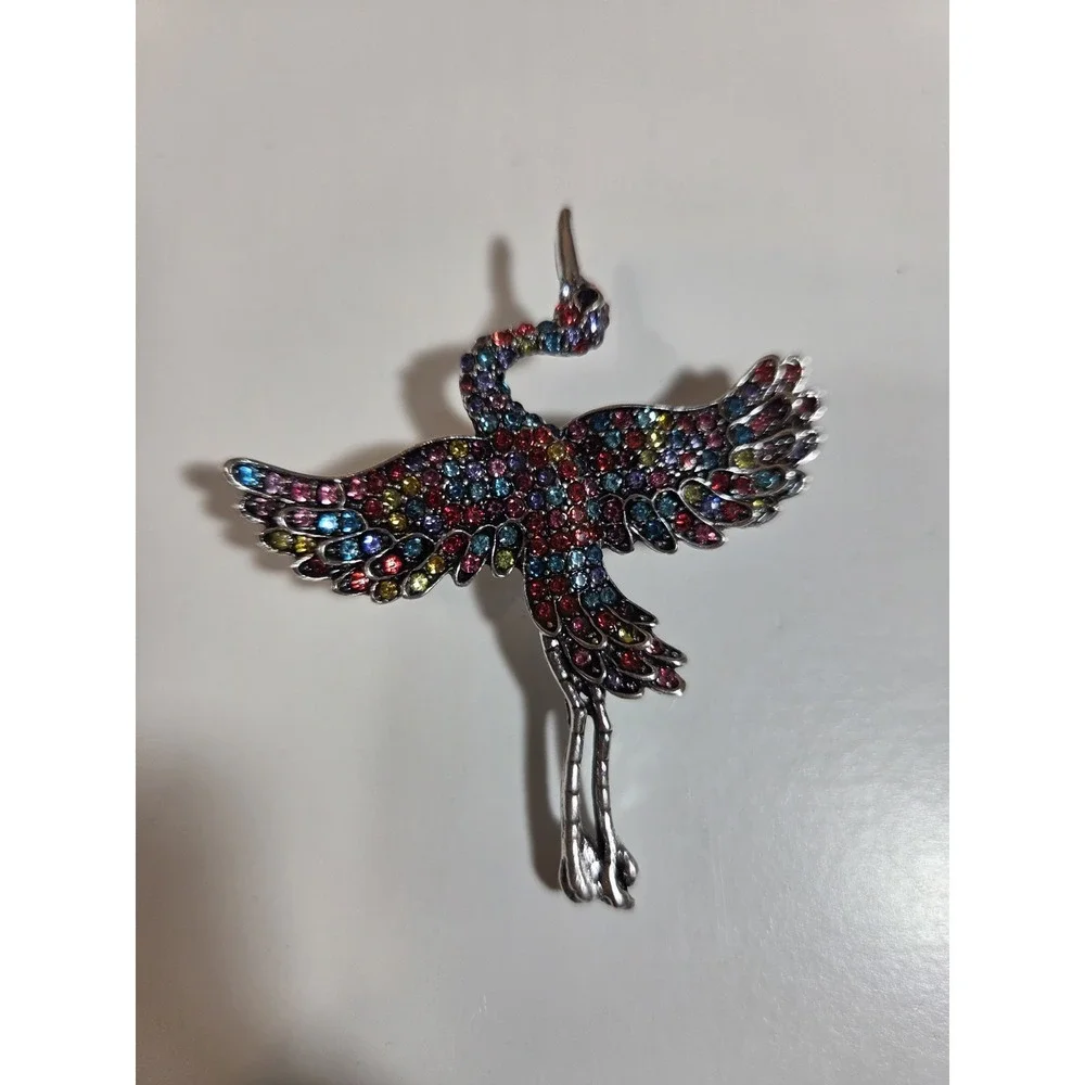 Multicolor Rhinstone Crane Brooch Pendant Silver-Tone
